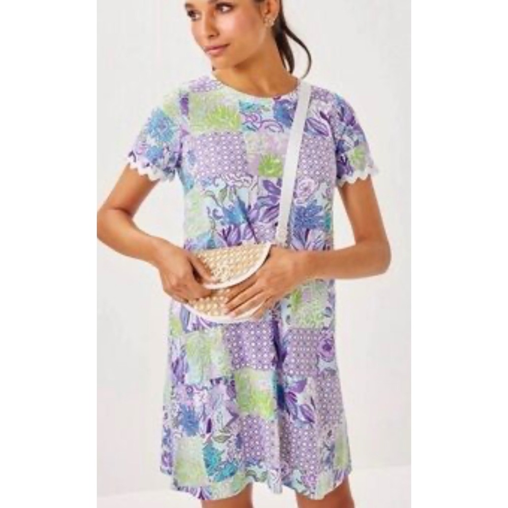 Lilly Pulitzer Short Sleeve Tee shirt Dress Patch print Lavender Green S